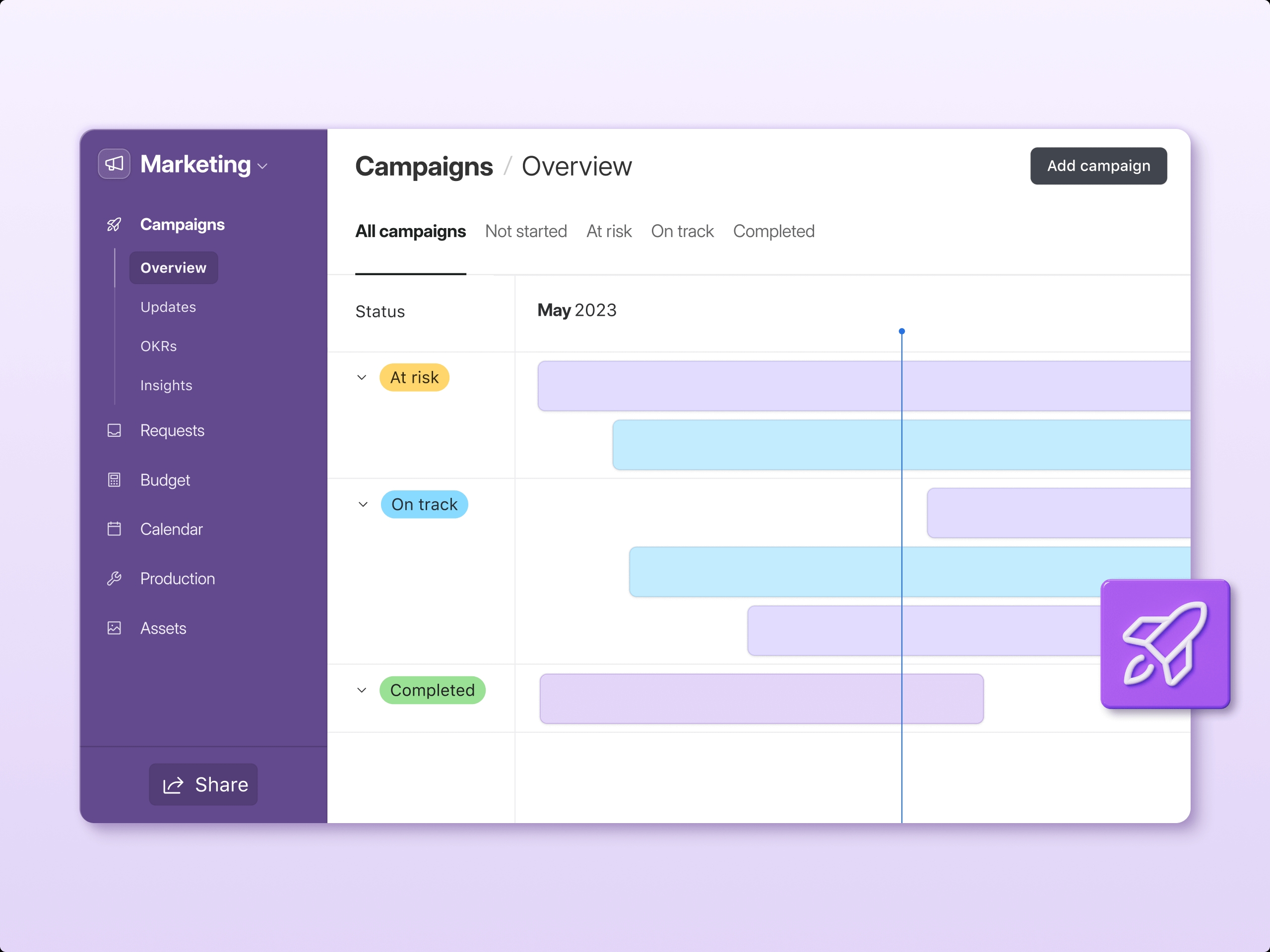 A Campaign overview interface in Airtable shows a calendar overlaid with tasks and their statuses