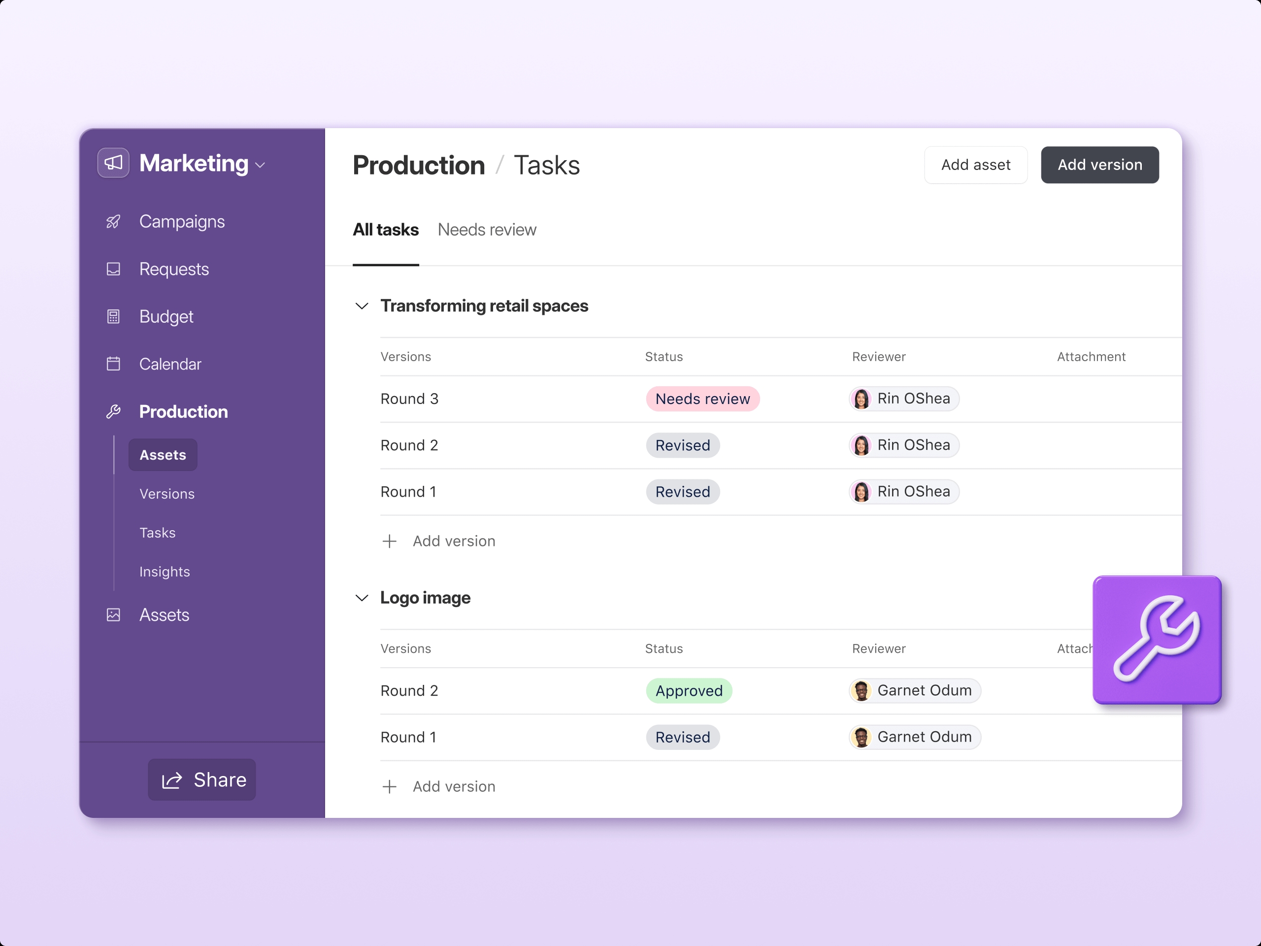 Airtable marketing production app shows multiple deliverables and review statuses for two projects