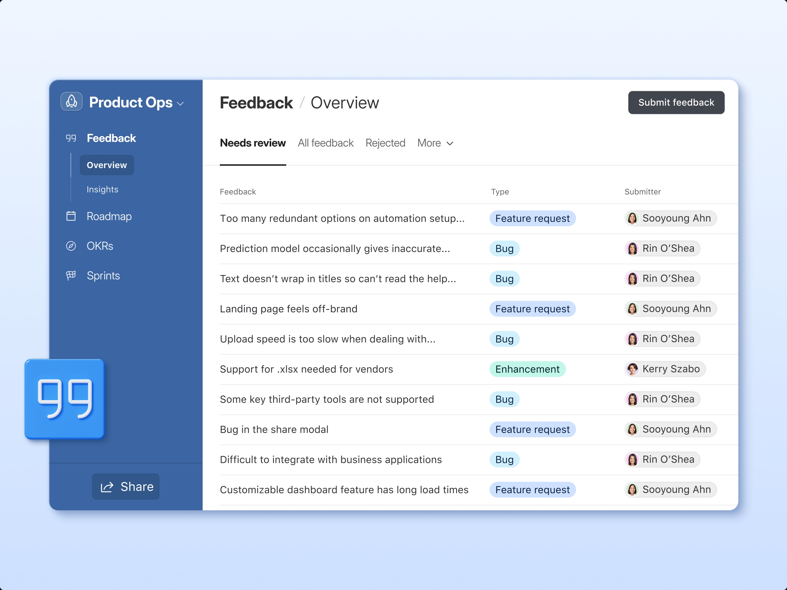 Airtable product feedback app centralizes and organizes customer feedback in a table.