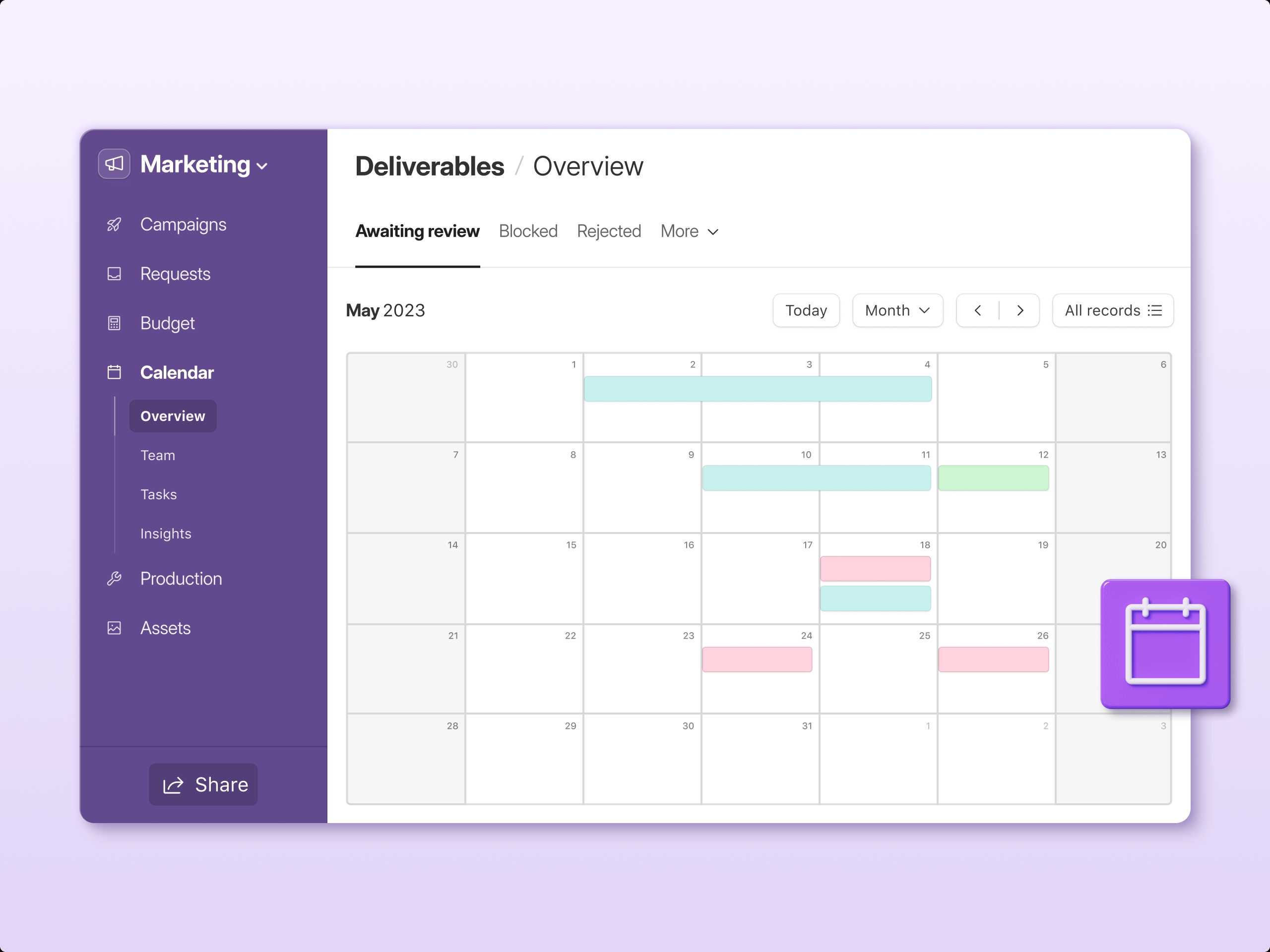 Airtable marketing calendar app shows a calendar view of multiple deadlines and projects