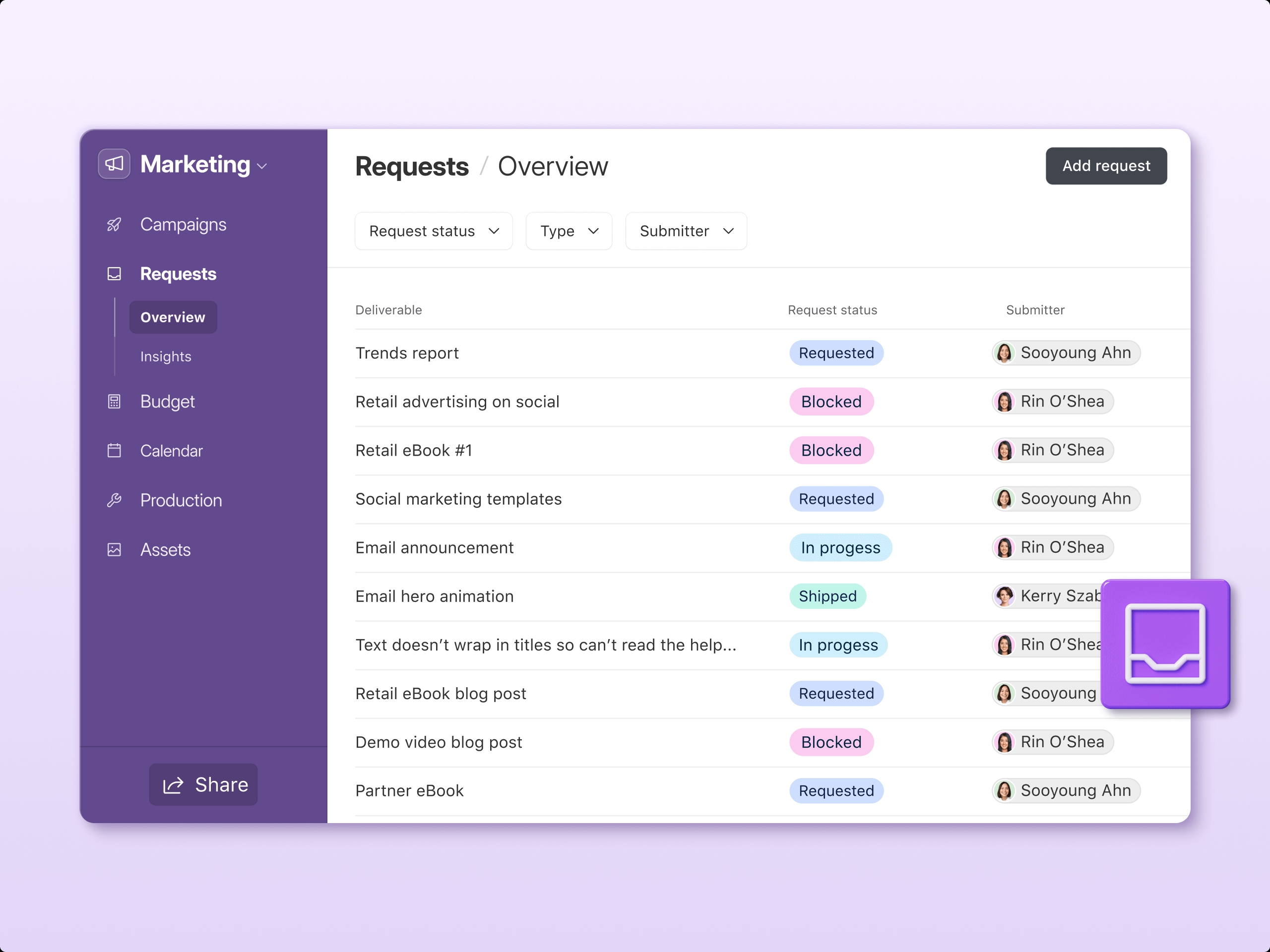 The marketing request app by Airtable shows list of deliverables, their status, and submitter