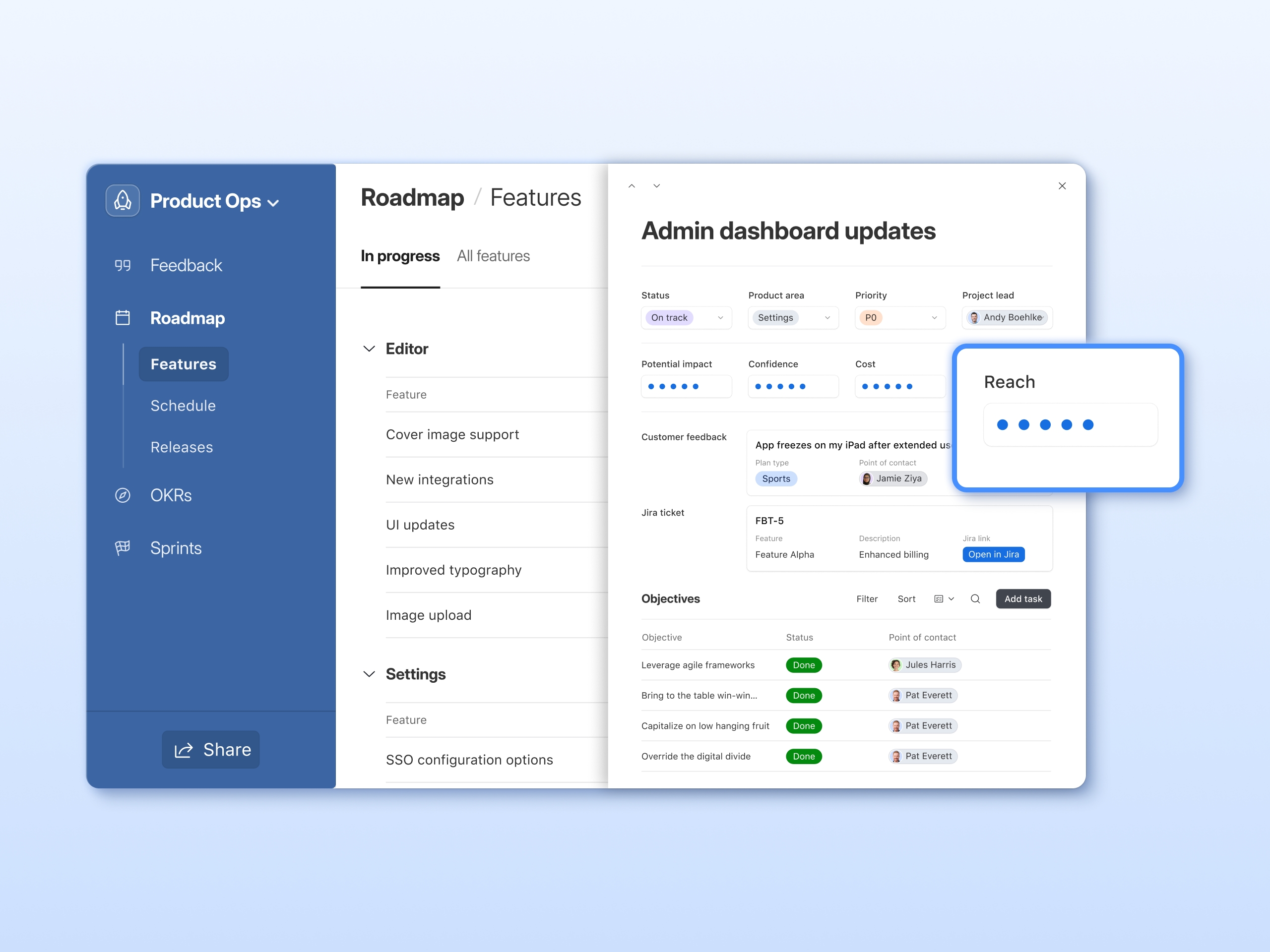 On a view titled admin dashboard updates the status cost reach and more are tracked together