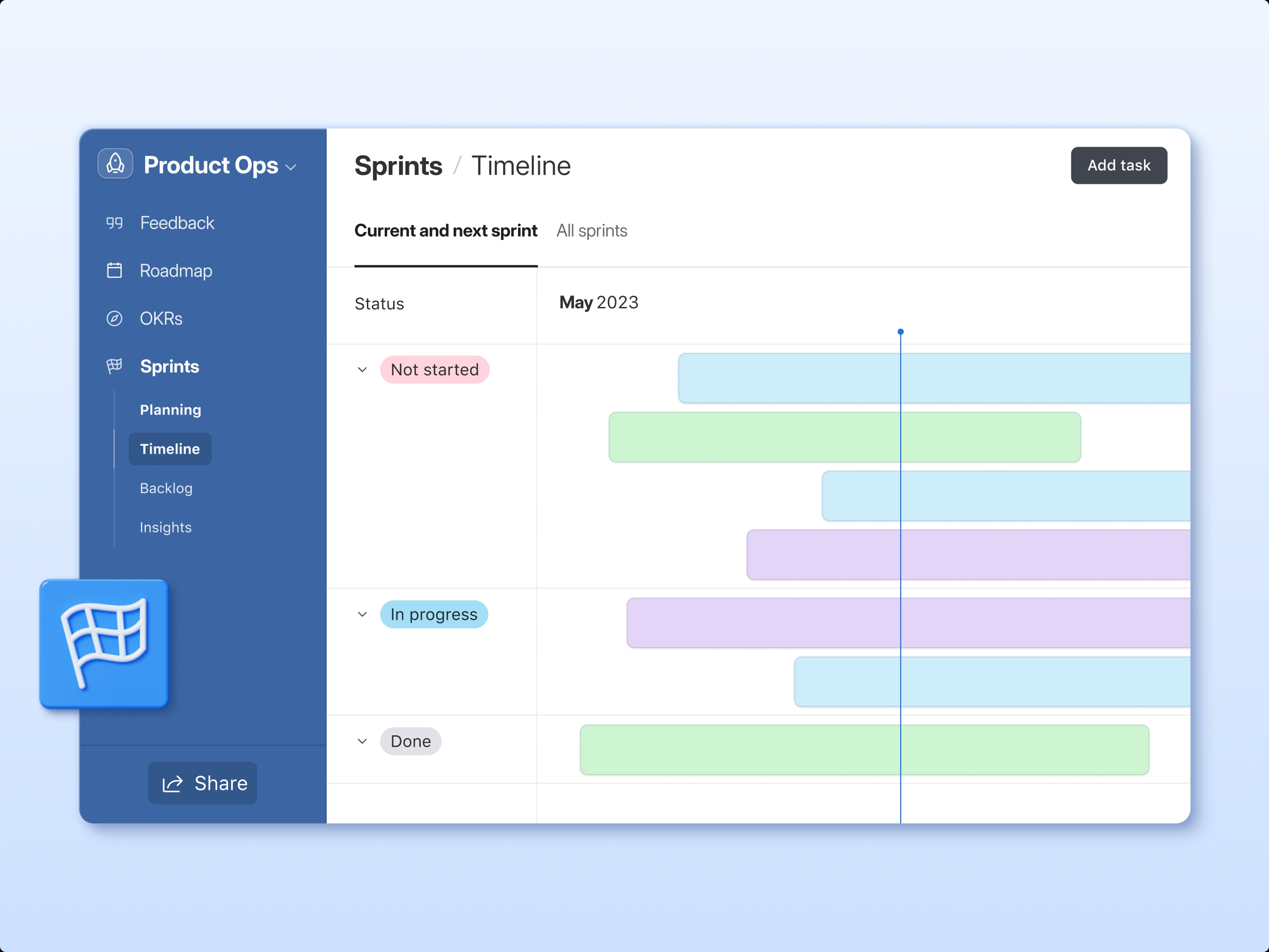 Airtable product sprint app shows product sprint statuses in a timeline.