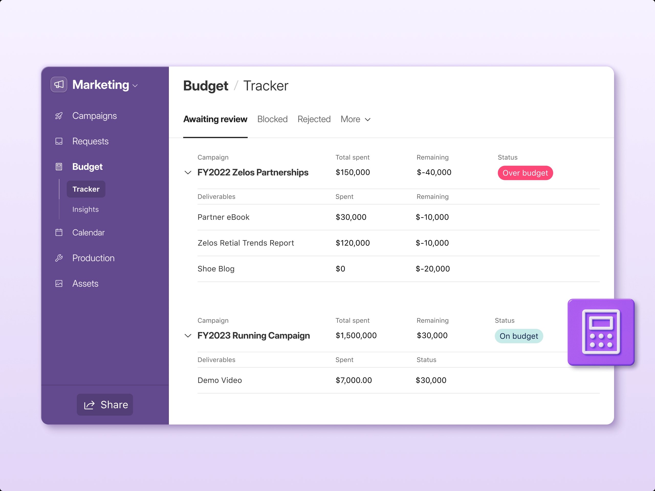 Airtable budget tracker app compares budgets of two campaigns, including deliverable spends